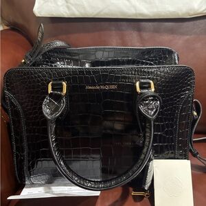 Alexander McQueen Glossy Black Croc-Embossed Satchel